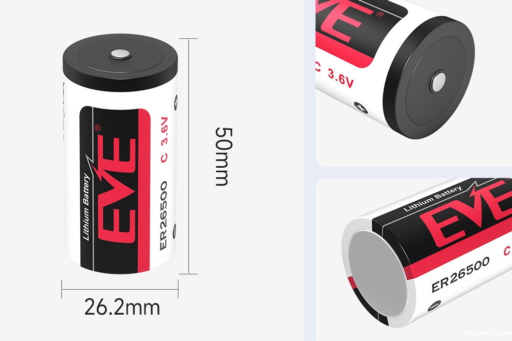 EVE ER26500 3.6v一次锂亚硫酰氯（Li-SOCl₂）8500mAh电池尺寸与细节